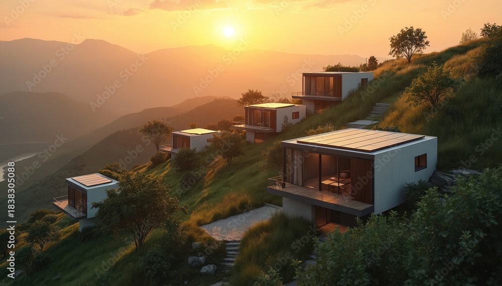 Fototapeta premium Modern eco-friendly homes with solar panels built on green mountain hill at sunset. Contemporary dwellings feature large glass windows, balconies. Offer beautiful panoramic view of valley, distant