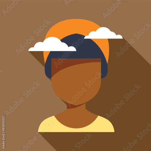 Surreal illustration of a person with sun and clouds emerging from their head, symbolizing dreams, imagination, or mental state
