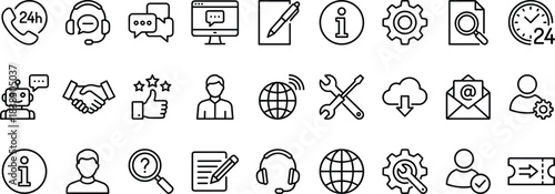 Customer support and communication icon set showing help services, chat assistance, global connection, tools, information symbols, call center elements, service management