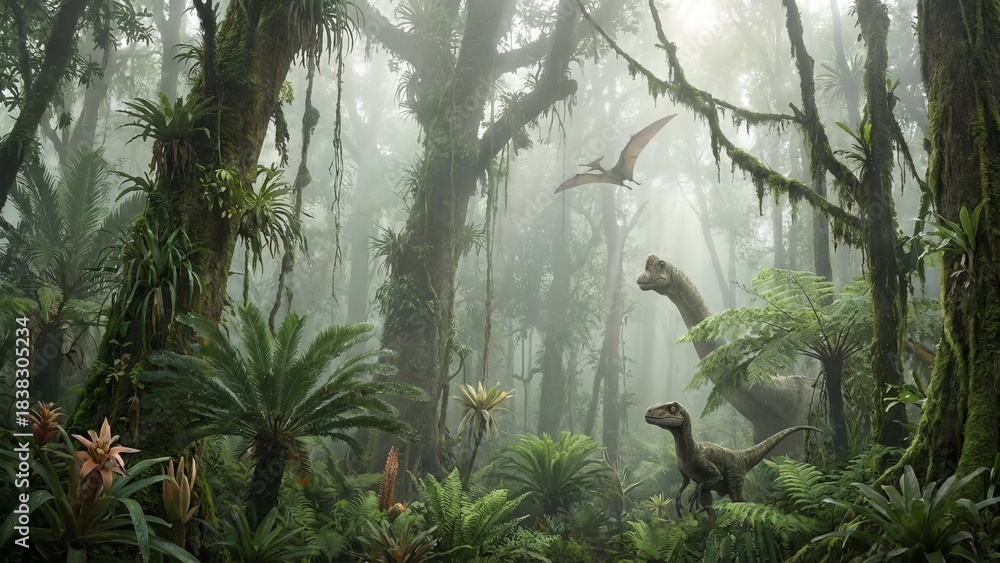 Naklejka premium Dinosaurs including a brachiosaurus, a raptor, and a pterosaur inhabiting a dense, misty prehistoric jungle with lush green plants, ancient trees, and creeping vines