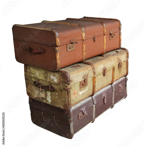 Vintage travel luggage trunks,  dating back at least to the early 20th century . In leather and wood, the three trunks look as though they have travelled many miles by sea , air or land. 