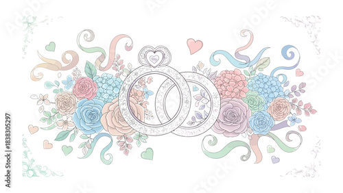 Eternal Union: A pair of exquisitely crafted rings, symbolizing an enduring bond, are delicately entwined amidst a cascade of pastel-colored blooms and ribbons, representing the blossoming of love.