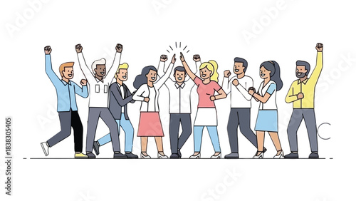 Team Celebration: A diverse team joyfully celebrates a shared victory, their raised arms expressing elation and teamwork in a vibrant and engaging illustration.