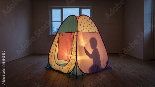 Young child creating a shadow with a flashlight on the wall of a colorful play tent, enjoying imaginative playtime indoors in a room with a wooden floor