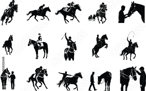 Silhouettes of horse riders and horses in various poses
