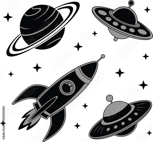 Space cartoon illustration, rocket ship, UFOs, Saturn planet, stars, cosmic vector design, science fiction theme, galaxy exploration art, monochrome space icon set