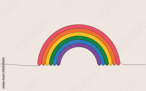 Minimalist continuous line drawing depicting a vibrant six-color rainbow