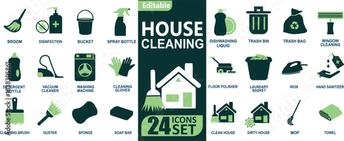 House Cleaning Service Icon Set with 24 Green Flat Vector Symbols for Home and Office, Janitorial, Maintenance, Recycling and Waste Management