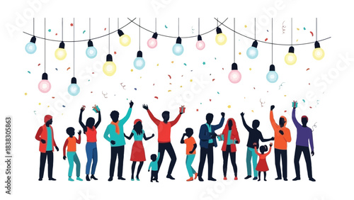 Celebration of Light: A vibrant illustration depicts a lively gathering of figures, illuminated by a string of festive lights, celebrating a joyous occasion.