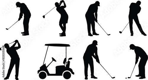 Golf silhouette illustration, players in action poses, golf cart icon, black sports vector set, golfing posture design pack,