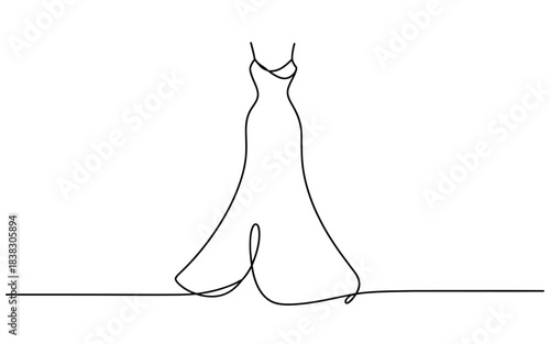 A minimalist and elegant continuous line art drawing of a flowing wedding gown silhouette