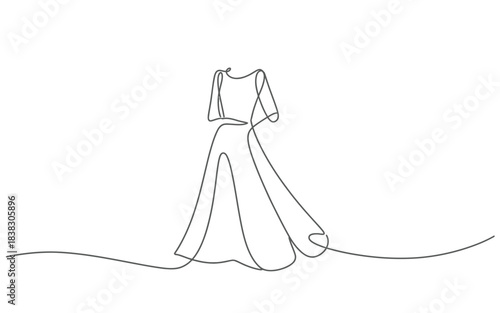 Single continuous line art drawing of an elegant wedding dress or formal gown