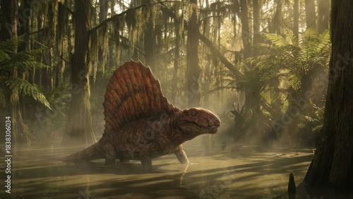 Dimetrodon, a prehistoric reptile, standing in misty, warm water of a primeval swamp forest, with sunlight filtering through ancient trees and lush fern vegetation
