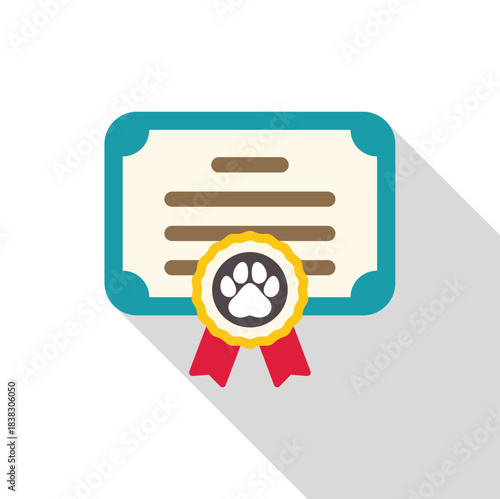 Certificate with paw print and red ribbon, representing successful pet training, veterinary approval, or animal adoption