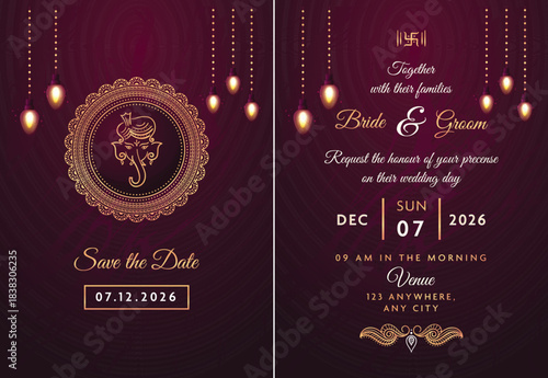 Traditional Indian Wedding Invitation Card with Lord Ganesha Icon and Golden Hanging Lights