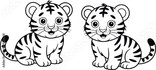 Cartoon tiger cubs vector illustration in black and white outline, cute animal drawing for coloring book, children’s activity design, playful jungle artwork