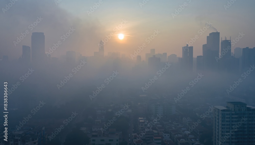 Fototapeta premium Urban Landscape Scene with Sunrise and Fog Over City Skyline