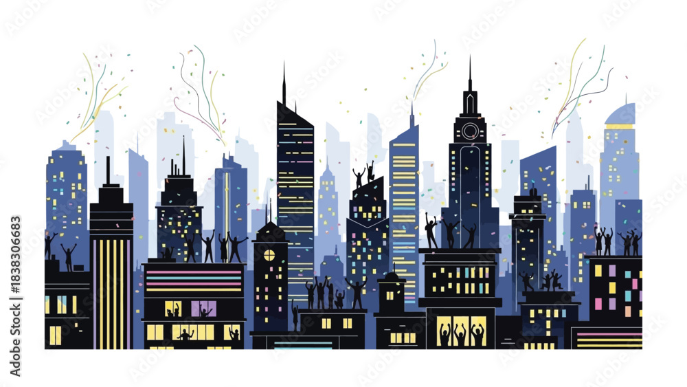 Naklejka premium Skyline Silhouette: A stunning skyline silhouette showcases the majestic architecture of a bustling metropolis, illustrating urban life.
