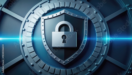 Secure Lock Symbol on Metallic Shield, Digital Protection Concept