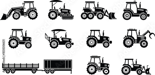 Set of Black and White Vector Icons Depicting Various Farm and Industrial Tractors, Including Front Loaders, Snowplows, Hauling Trailers, and Modern Agriculture Machinery Silhouettes.