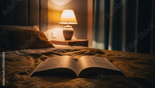 Open Book on Bedside Table with Nightlamp in Cozy Bedroom Setting