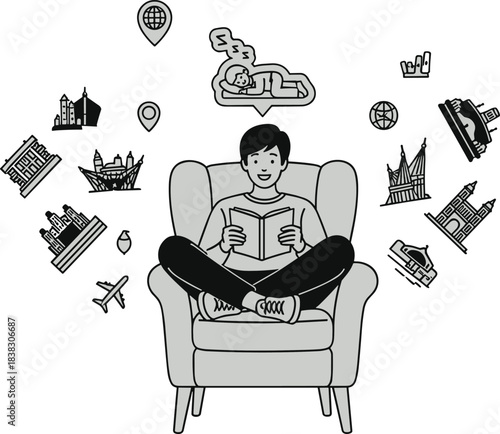 Person reading book and imagining travel, cartoon armchair scene with global landmarks, airplane, beach dream bubble, black and white vector for coloring and education