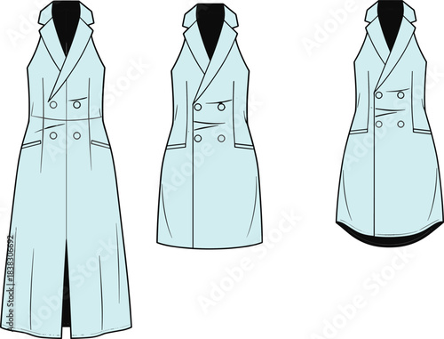 Sleeveless trench coat sketch, double-breasted design, collar and lapel detail, length variation, fashion illustration, stylish silhouette, vector apparel, garment concept, outerwear fashion
