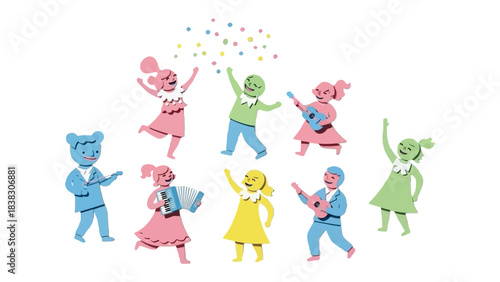 Joyful Ensemble: A vibrant collection of animated figures, each with a unique personality, play musical instruments and throw colorful confetti.
