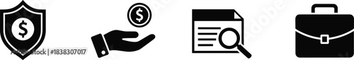 Business finance and security icons: shield, hand, document, briefcase