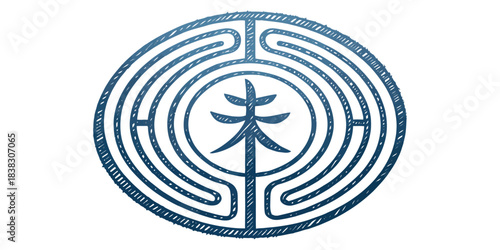 Circular Labyrinth with Tree Symbol in Blue maze circle