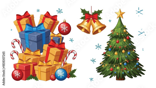 Holiday Presents and Festive Cheer: Presents piled high next to decorated tree, evoking the anticipation and joy of the holiday season. Symbolizing tradition, gifting, and celebration.