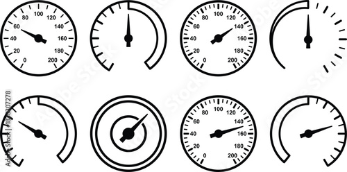 Speedometer and gauge icons illustrating performance measurement, speed control, dashboard indicators, monitoring levels, progress tracking, precision analysis, efficiency evaluation