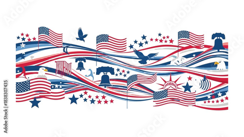 American Patriotic Illustration: An illustrative depiction of patriotism showcasing various symbols and emblems of the USA, conveying the essence of national pride.