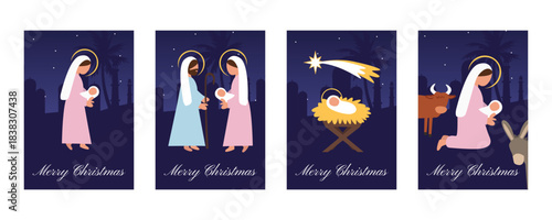 Set of Christmas Greeting Cards with Nativity Scenes under the Night Sky and the Star of Bethlehem — Holy Family and Angels