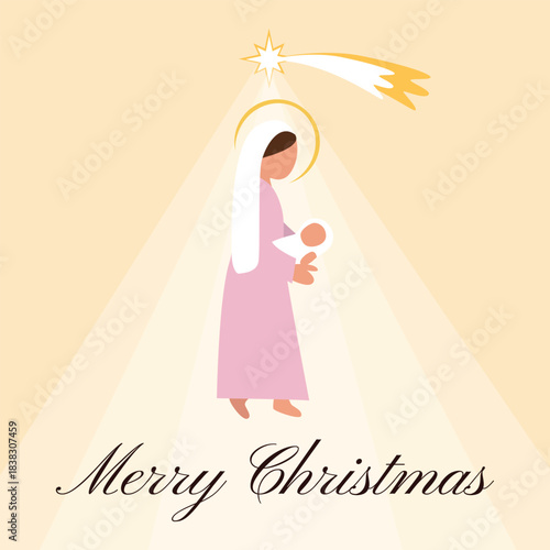 Warm Christmas Greeting Card with Mary Holding Baby Jesus and the Star of Bethlehem — Soft Pastel Nativity Illustration