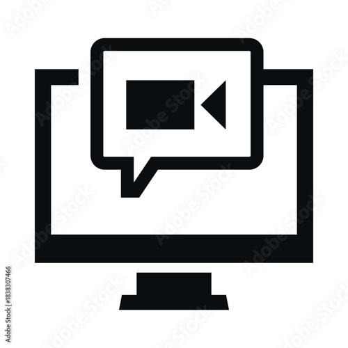 A video tutorial icon featuring a computer screen with a speech bubble and a video camera icon inside. This design is perfect for tutorials and online resources.