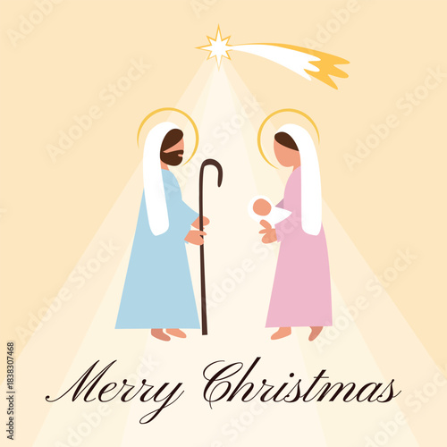 Warm Christmas Greeting Card with Holy Family — Mary, Joseph and Baby Jesus under the Star of Bethlehem, Pastel Nativity Artwork