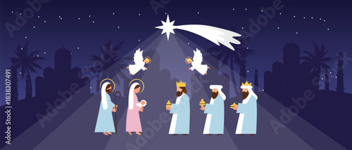 Three Wise Men Traveling under the Star of Bethlehem Bringing Gifts after the Birth of Jesus — Nativity Christmas Scene