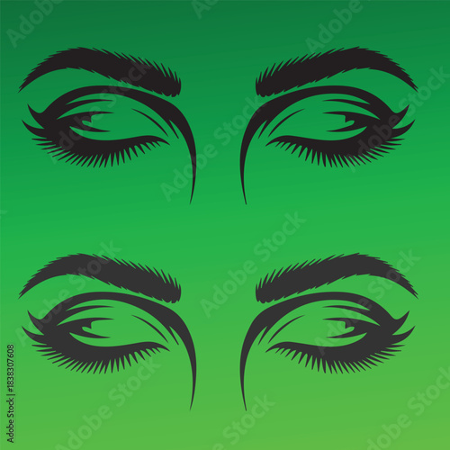 Close up illustration of a human eye with long eyelashes and detailed eyebrow, artistic depiction of a female eye	