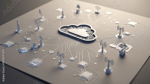 Abstract representation of cloud computing infrastructure connecting various wireless devices and microchips across a stylized digital circuit board surface