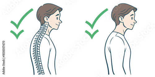 Comparison of good and bad posture with spine illustration