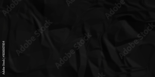 Crumple crushed black paper obsolete rumple craft design. wrinkle ripped creased crumple aged closeup recycled document grunge paper background.	