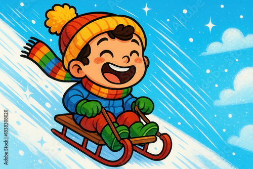 Joyful  child sledding down snowy hill with colorful winter attire and cheerful expression