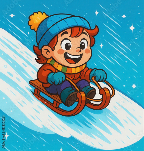 boy sledding down snowy hill in winter wonderland illustration