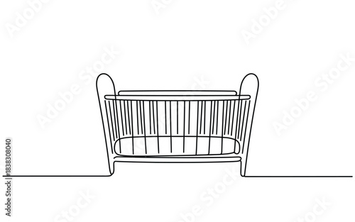 A minimalist continuous line art illustration of a baby crib for nursery concepts