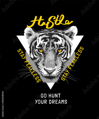 hustle slogan with black and white tiger face on triangle frame vector illustration