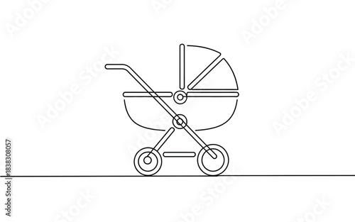 Single continuous line art drawing of a baby carriage, pram or stroller illustration
