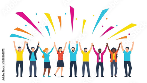 Team Unity: Diverse individuals stand together, hands raised in solidarity against a backdrop of colorful confetti, embodying the spirit of collaboration, celebration, and shared achievement.