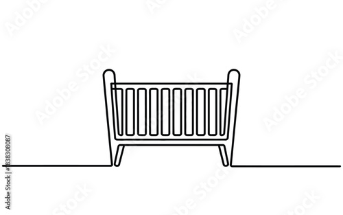 Single continuous line art drawing of a baby crib for newborn sleeping furniture design