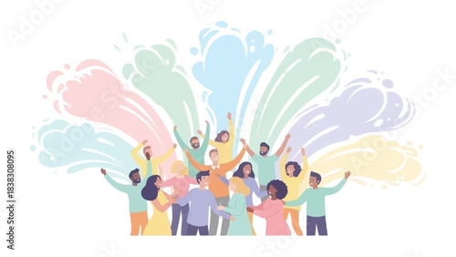 Vibrant Celebration: A joyful group of diverse individuals celebrates an exciting moment, surrounded by a burst of colorful energy.